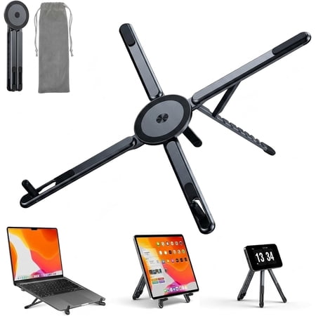 Charefin 3‑in‑1 Aluminum Alloy Portable Laptop Stand, Foldable Travel Stand with Magnetic Phone & Tablet Holder, 8‑Level Height Adjustment, Compatible with 4‑16" Devices, Gray