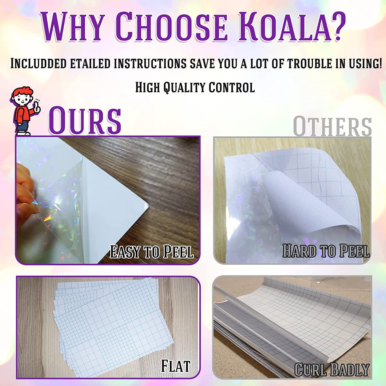 Koala Self Adhesive Laminating Sheets A4, 100 Sheets Transparent Holographic Clear Sticker Paper Overlay Film,Peel and Stick Laminate Sheets Protector