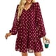 thumbnail image 1 of Vestido con cuello en V, manga larga, estampado con cordón, vestido casual de moda fluido para mujer, 1 of 7