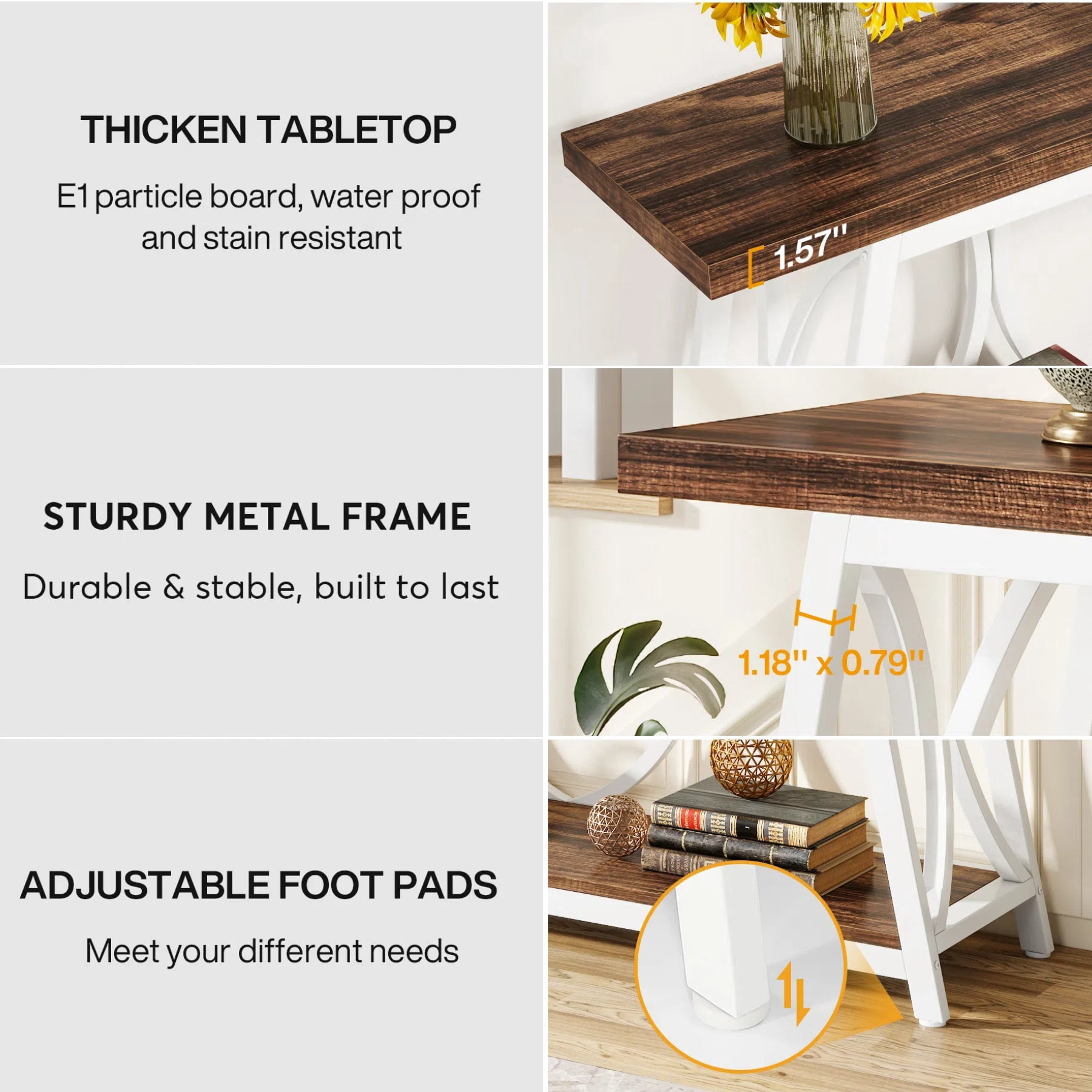 Fnova 70.87" Farmhouse Console Table for Entryway, 2-Tier Storage Long Narrow Wood Entryway Table, Metal Frame, Easy Assembly, Brown White