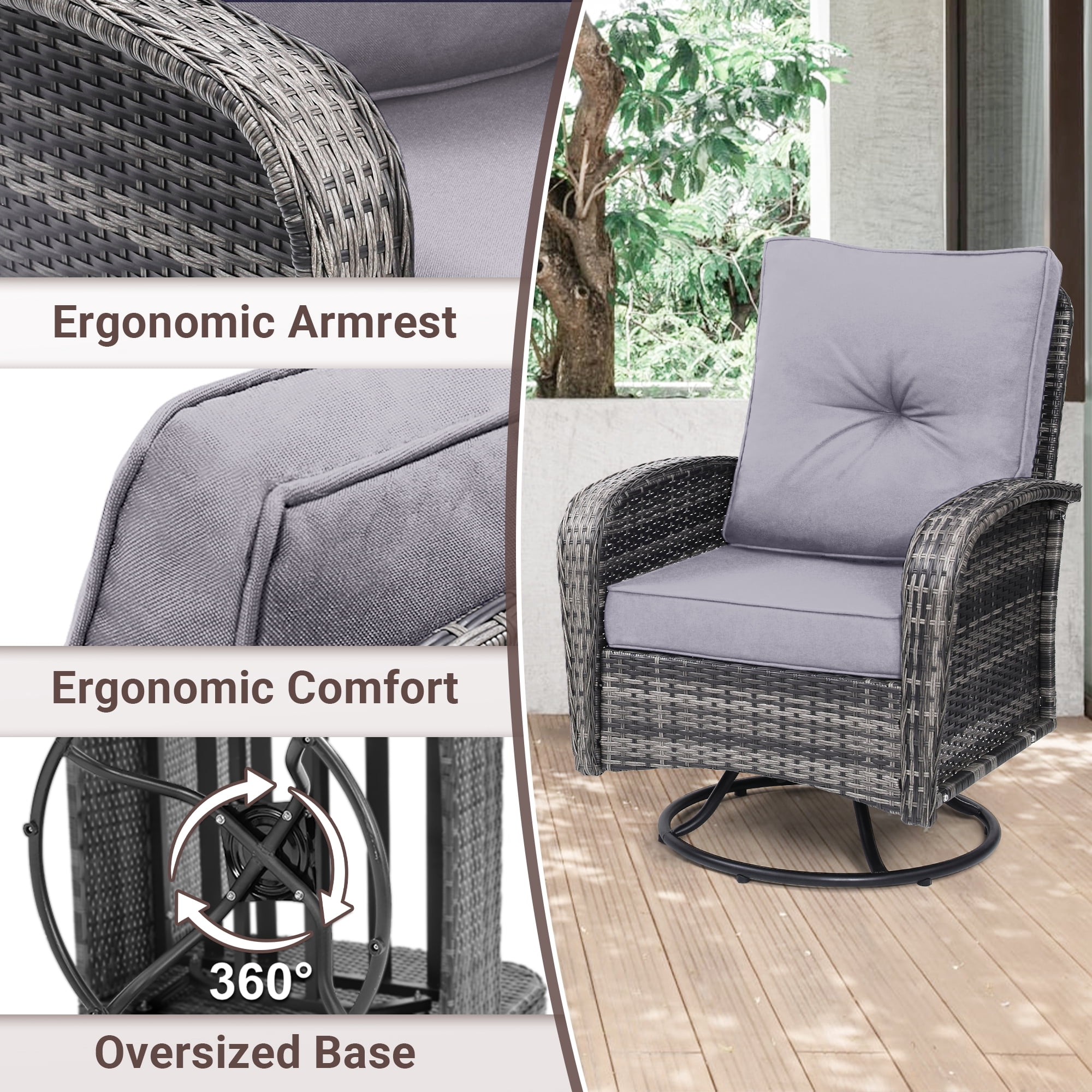 Melocadol Patio Wicker Glider Set, 2 Swivel Chairs with Matching Table, Comfy Washable Seat Cushions, Premium Outdoor Furniture for Garden, Balcony, Grey Rattan Grey Cushion