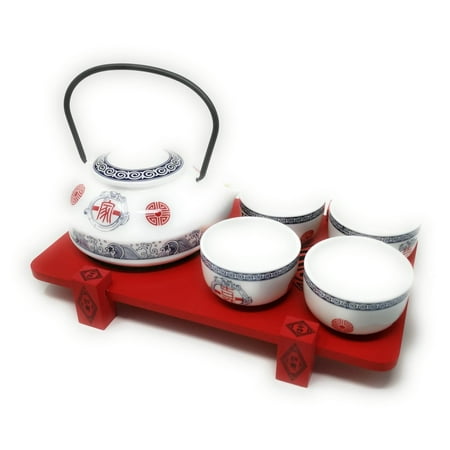 - THY COLLECTIBLES Contemporary Art Decor Porcelain 5 PCS Tea Set Teapot Teacup With Wooden Stand