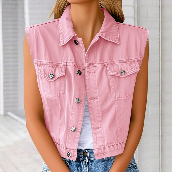 Zedker Womens Denim Jean Vest Ripped Lapel Collar Button Up Sleeveless Frayed Jean Jacket Pink Plus L