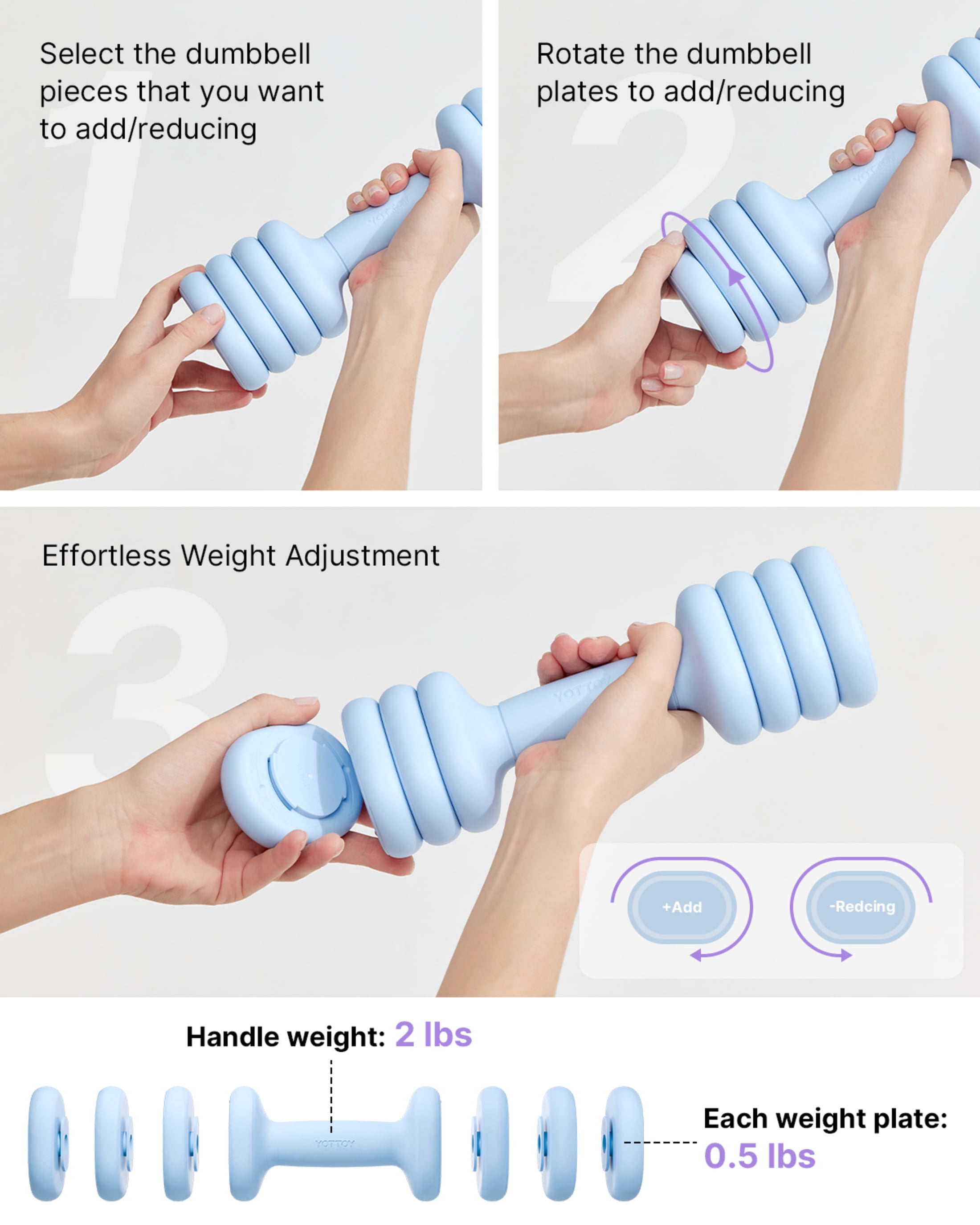 YOTTOY Adjustable Dumbbell Set, Pair 4-in-1 Hand Weights 2–5 lb Each — Compact Free Weights with Soft Grip & Base for Women's Home Gym,BLUE