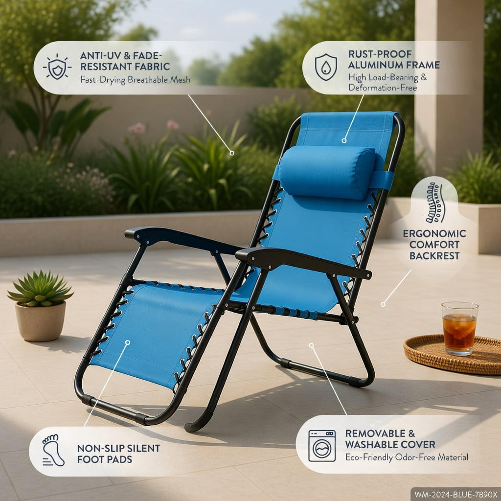 Hommoo 2-Pack Zero Gravity Folding Lounge Chairs with Adjustable Headrest & Removable Tray, Indoor/Outdoor Recliners for Back Support, Light Blue