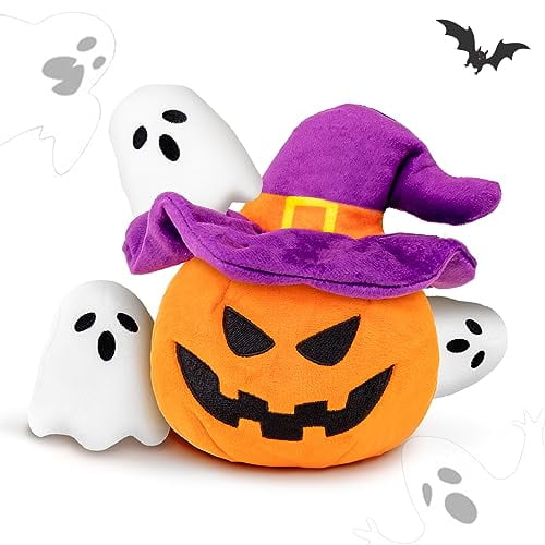 Pet Deluxe Halloween Dog Toys 4 PCS, Pumpkin   3 Skull Squeaky Dog Toy for Small Puppy Dog to Keep Them Busy, Durable Plush Hide and Seek Dog Pet Deluxe Toys for Small Medium Dogs