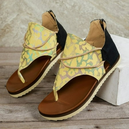 

HOLXI 2024 Women s Sunflower Printed Flat Sandals Open Toe Back Zipper Thong Canvas Shoes Casual Anti-skid Sandals