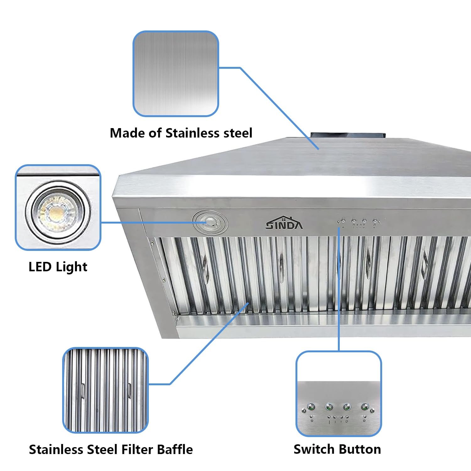 SINDA 54 Inch Built-in Range Hood Insert/Liner, 1260CFM in Stainless Steel
