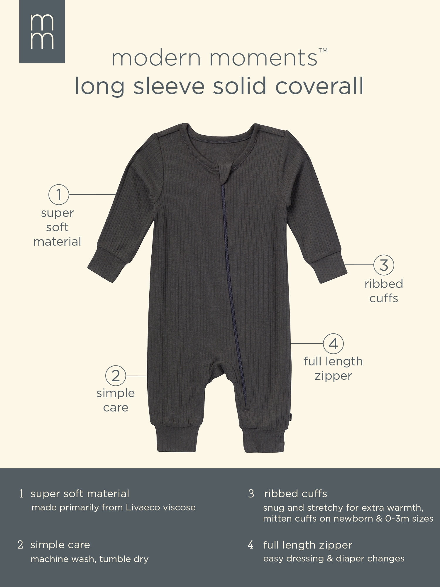 Modern Moments by Gerber Baby Neutral Super Soft Viscose Long Sleeve Coverall, Sizes Newborn - 12 Months
