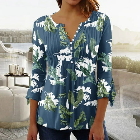 

DroolingDog Floral Corset Tops for Women Fashion Sexy Fold Printed Regular Women 3/107 Sleeves V Neck Button Tops Blouse Cute Going Out Tops for Women