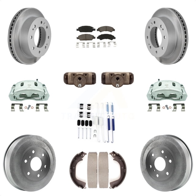Transit Auto Front Rear Disc Brake Caliper Coated Rotors Drums Ceramic Pads Shoes Wheel Cylinders and Hardware Kit (11Pc) for Car 2011 Chevrolet Silverado 1500 Hybrid with 7000 Lb GVW KCG-100372C