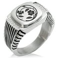 thumbnail image 1 of Stainless Steel Kawari Katabami Edamaru Kamon Crest CZ Ribbed Needle Stripe Pattern Biker Style Polished Ring, 1 of 1