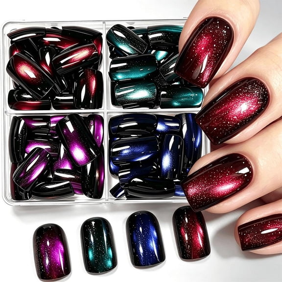 Cat Eye Press-On Nails 96-Pack 4 Colors Medium Acrylic Glitter Full Cover Nail Kit with Storage Box