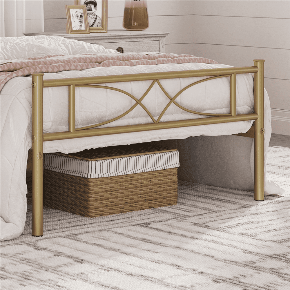 Renwick Twin Size Curved Design Metal Platform Bed, Adult, Antique Gold