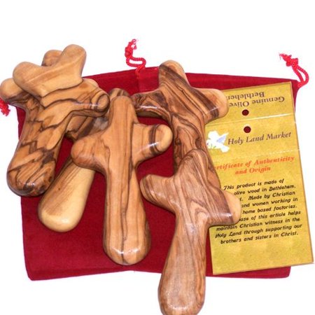 Six Olive Wood Comfort Crosses With Velvet Bags Lord S Prayer
