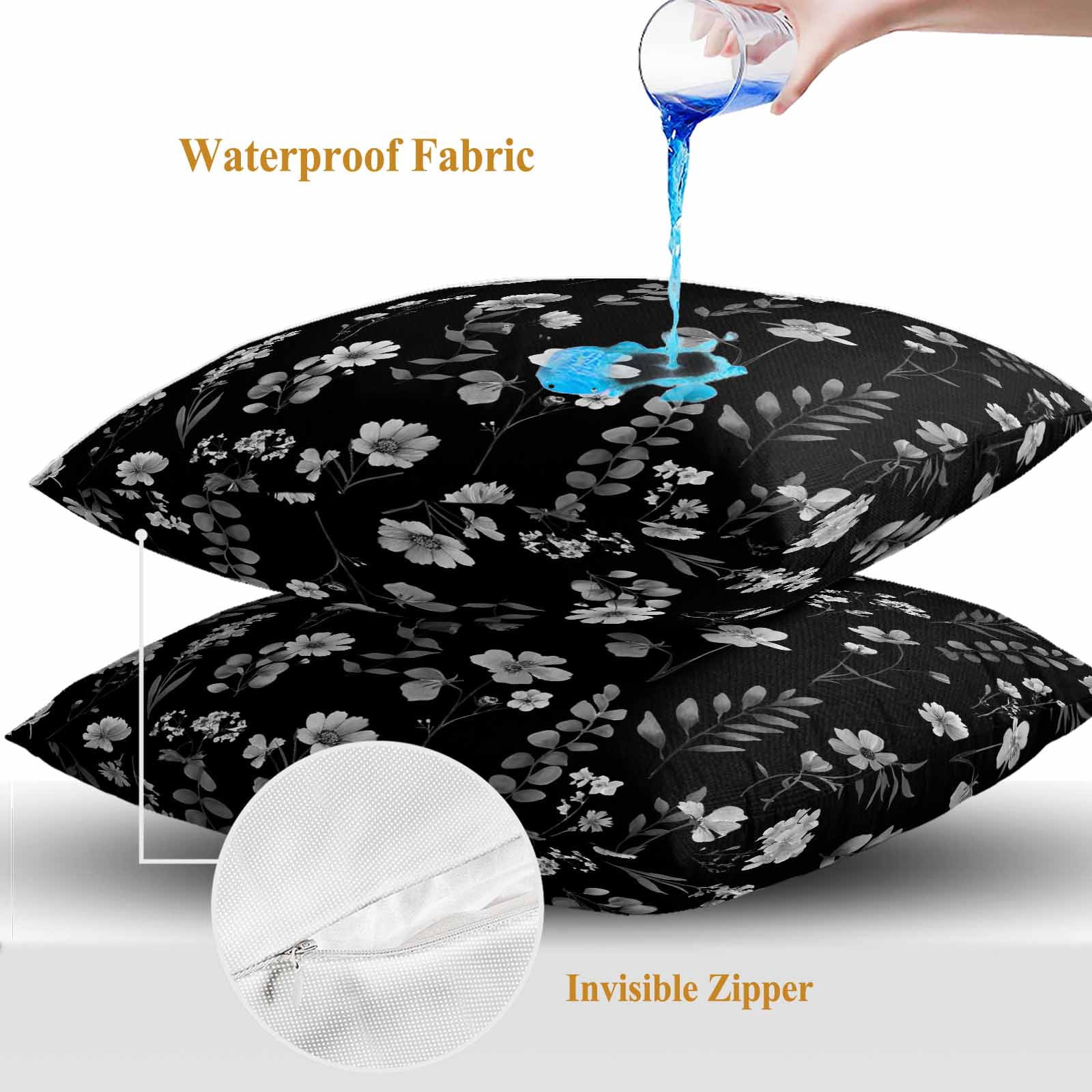 Outdoor Waterproof Throw Pillow Covers Set of 2 Black Wildflowers Decorative Pillowcases Square Outdoor Pillows Cushion Case 18x18 Inch Spring Floral Leaves Patio Pillows for Couch Sofa Bed Garden