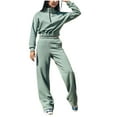 thumbnail image 3 of RQYYD Jogging Suits for Women 2 Piece Sweatsuit Outfits Long Sleeve Half Zipper Lapel Crop Top Wide Leg Pants Solid Color Tracksuit Set Mint Green S, 3 of 6