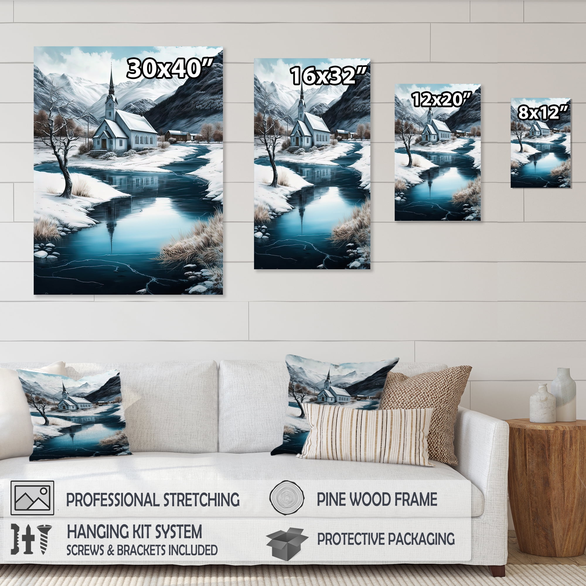 Designart Church On A Lake In Winter II Canvas Wall Art