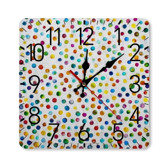 RKSupls 10×10inch Square Silent Wall Clock Wooden Frame, Colorful Dots Pattern Scale Decorative Clock for Home Bedroom Living Room Office