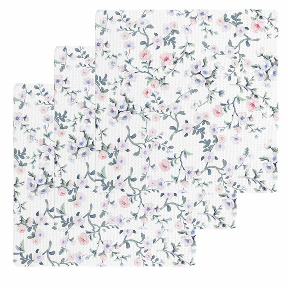 Spring Flowers Kitchen Dish Towels for Drying Dishes Set of 3, Blue Pink Floral Leaves Pastoral Botanical Waffle Weave Microfiber Hand Tea Bathroom Towels Quick Dry & Absorbent Towel 12x12