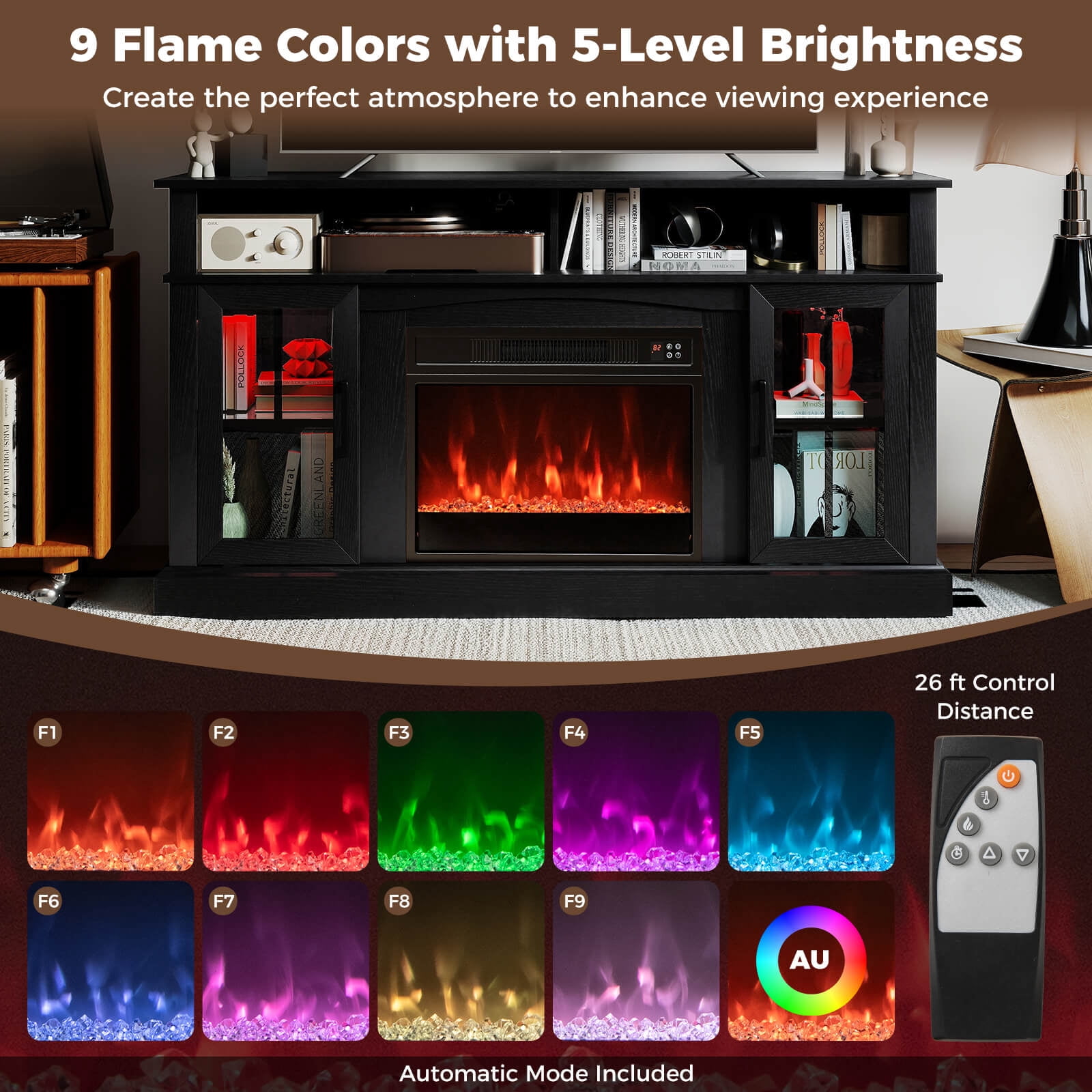 Costway 58" Fireplace TV Stand with LED Lights Entertainment Center for 65 Inch TV Black