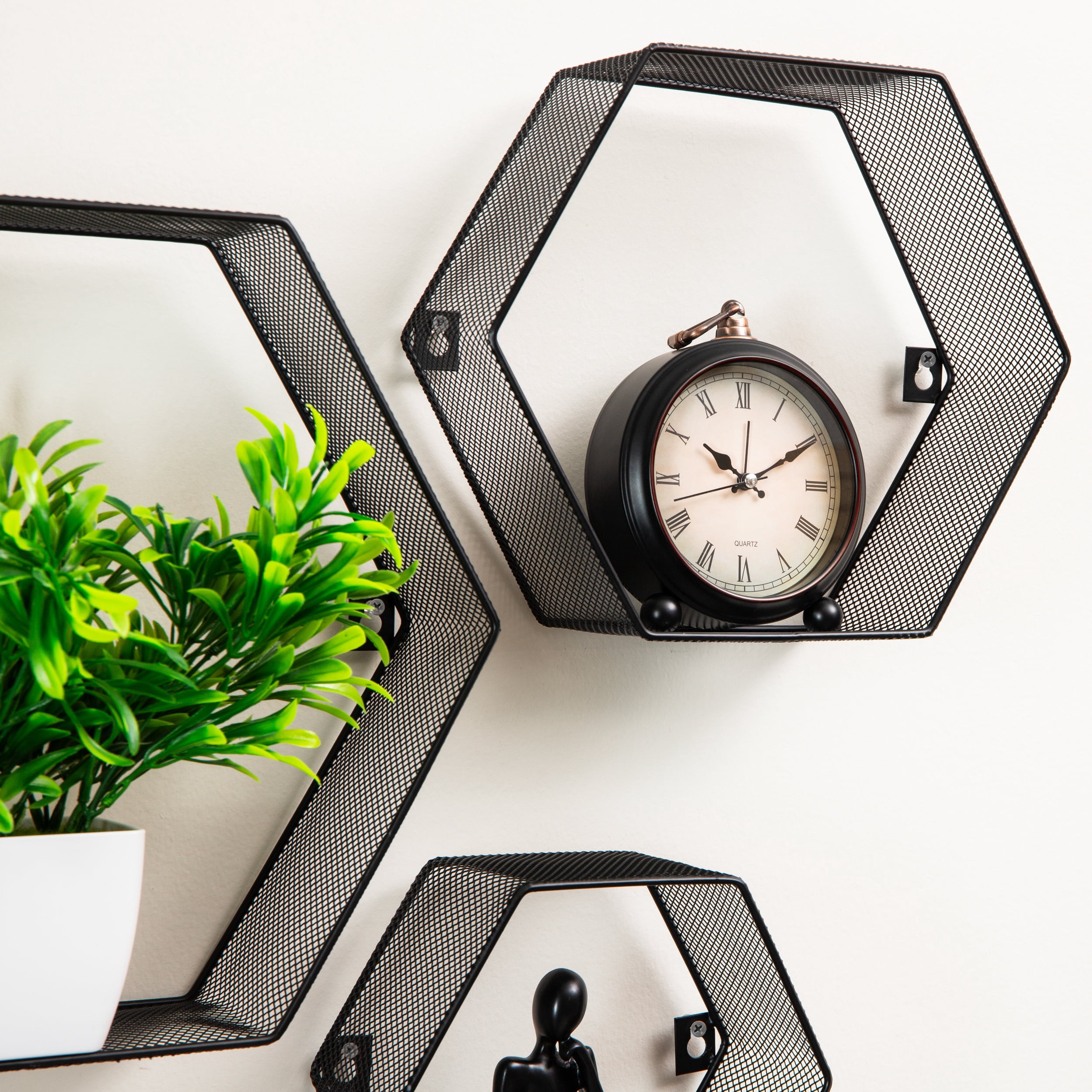 Mind Reader Hexagon Floating Shelves, Wall Decor, Honeycomb Accent Shelf, Office, Metal Mesh, 14"L x 4"W x 12"H, Set of 3, Black