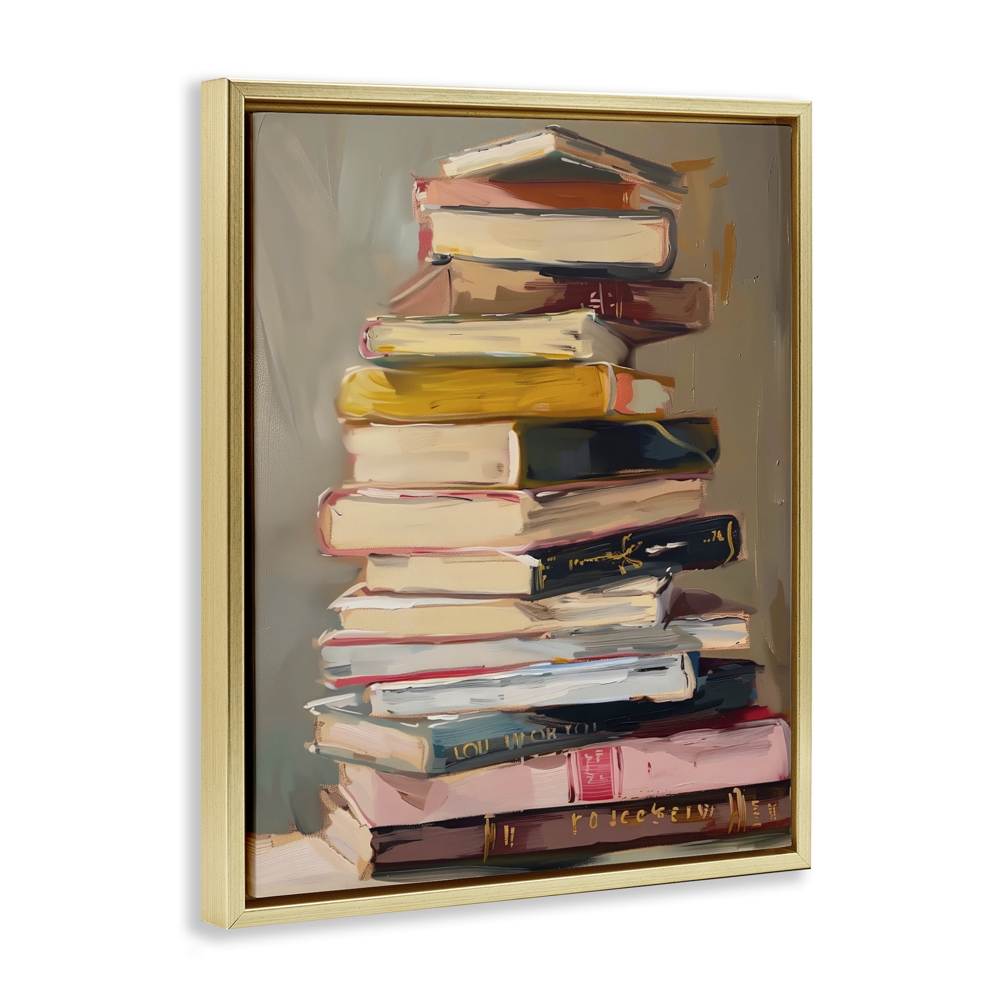 Stupell Industries Well Loved Bookstack Gold Framed Floater Canvas Wall Art, design by LSR Design Studio
