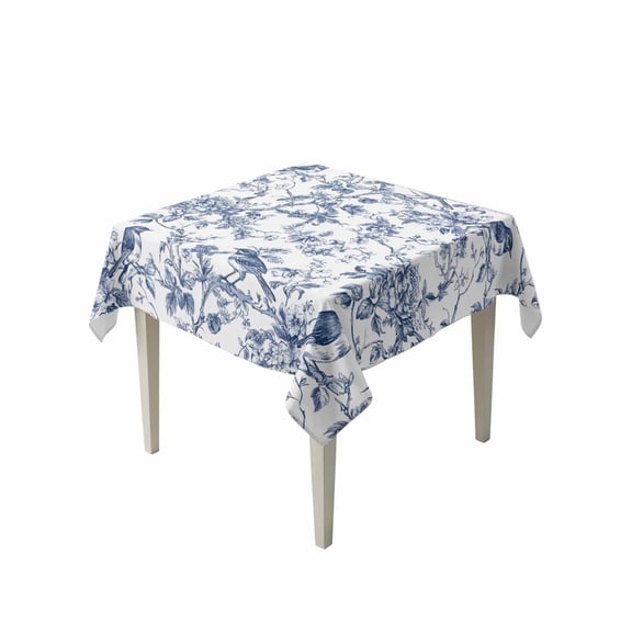 Blue Botanical Table Cloth, Vintage Botanical Birds Waterproof Tablecloth for Square Tables, Reusable Washable Fabric Table Cover for Restaurant Kitchen Dining Tables 60"x60"