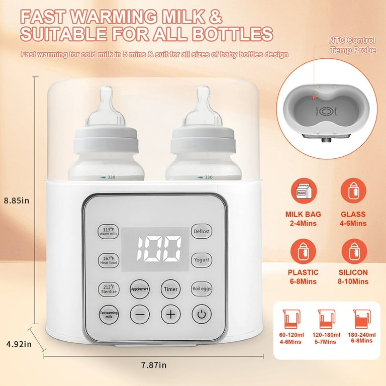 Bottle Warmer For Baby, Double Bottels Milk Warmer 9 in 1 Fast Food Heater  & Defrost BPA-Free with Appointment, LCD Display, Timer & 24H Temperature