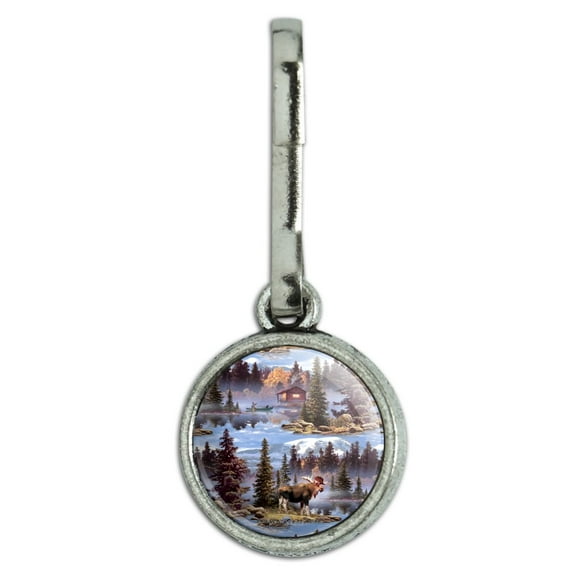 Moose Cabin Forest Woods Canoe Pattern Antiqued Charm Clothes Purse Suitcase Backpack Zipper Pull Aid