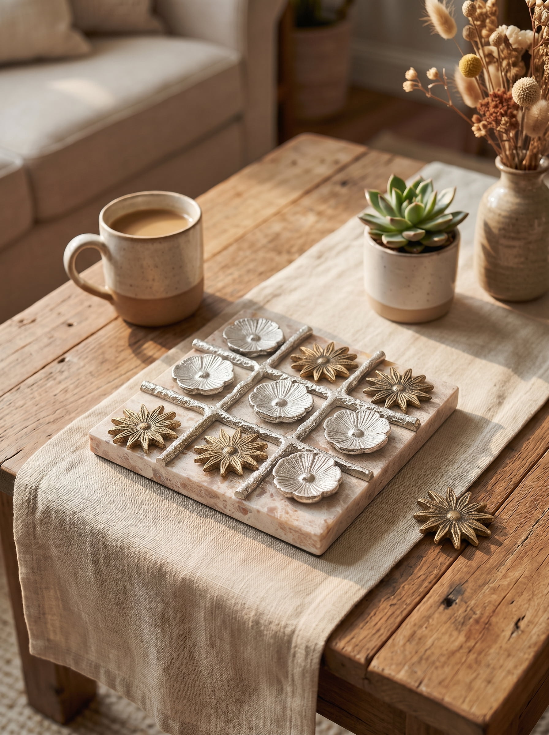 9x9" Floral TIC TAC TOE Game Set with Marble Base and Gold and Silver Finish, Luxury Coffee Table Decor Accent, Modern Glam Stone Game Set for Home or Office