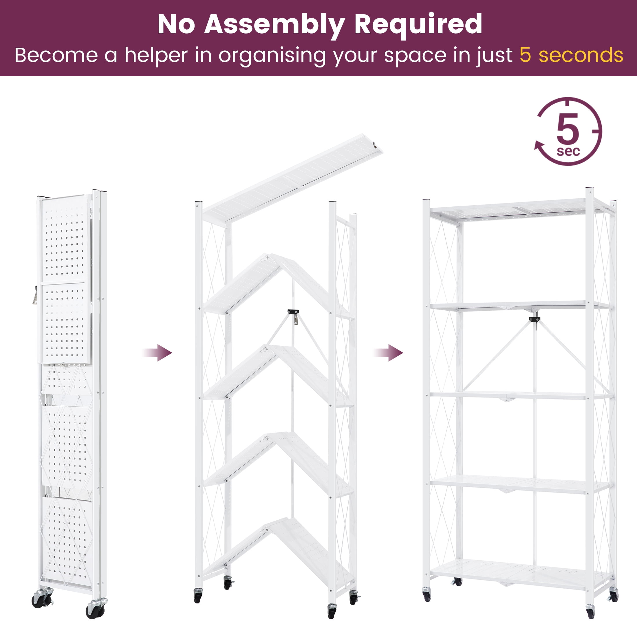 70.7" H Large Storage Shelves with Wheels, Bookshelf with Storage, No Assembly Metal Rack Shelf for Kitchen, Office, Laundry, Garage,2 Pack （5 Tier White）