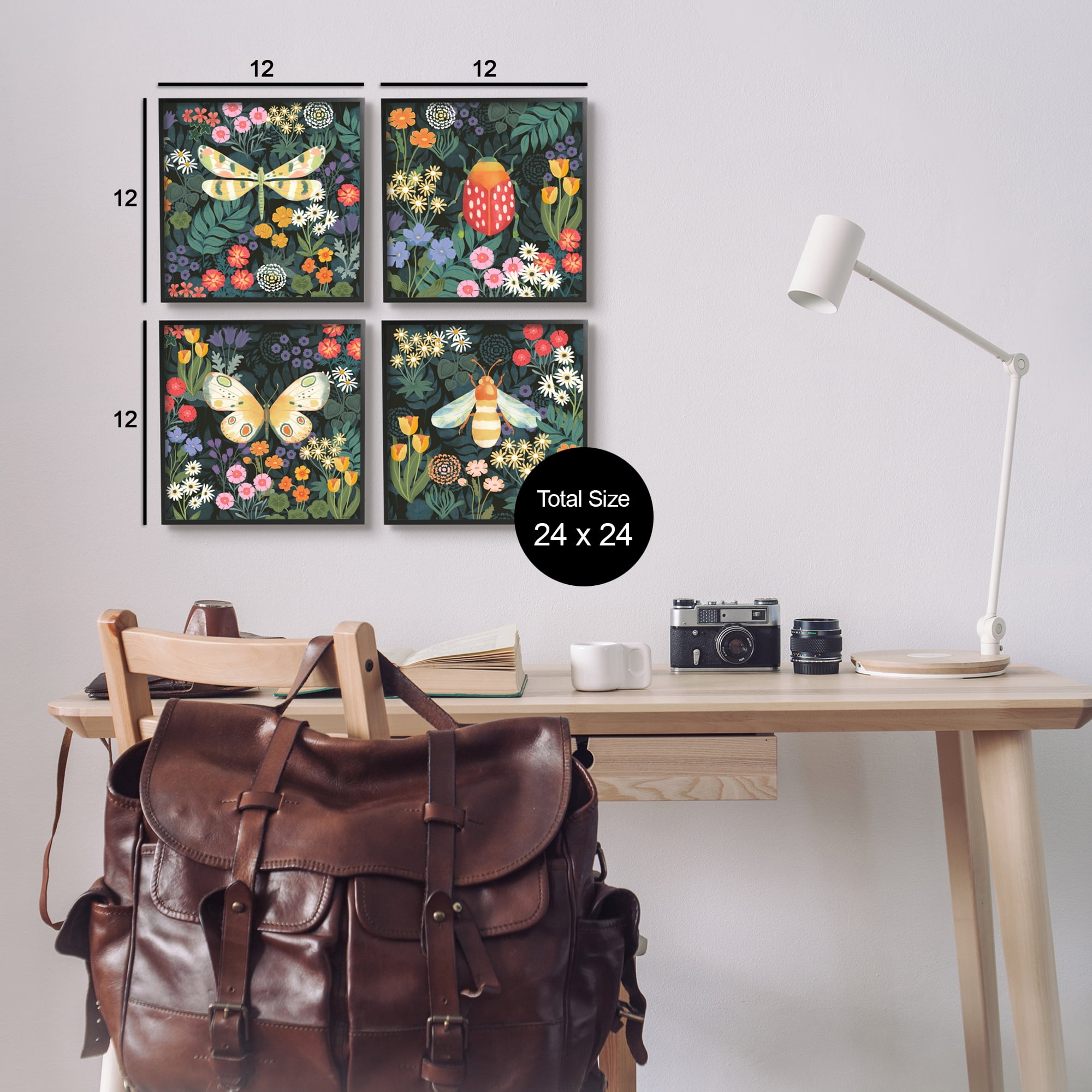 Stupell Industries Insects Among Wildflowers Animals & Insects Painting Black Framed Art Print Wall Art, 12 x 12, Set of 4