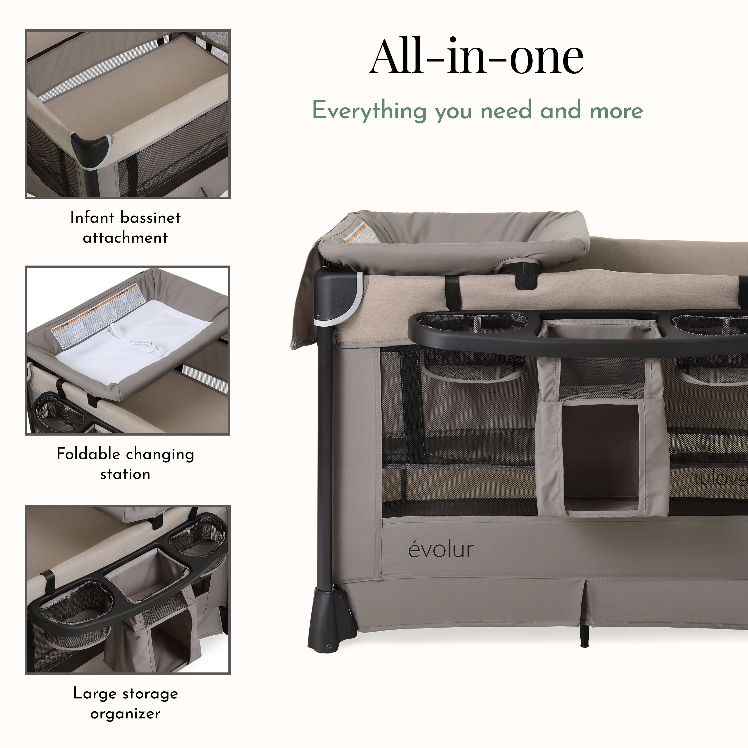 Evolur Cozy Cove All-in-One Portable Playard Beige with Bassinet & Changing Table – Quick-Fold Travel Playard with Breathable Mesh Sides, Travel Bag Included