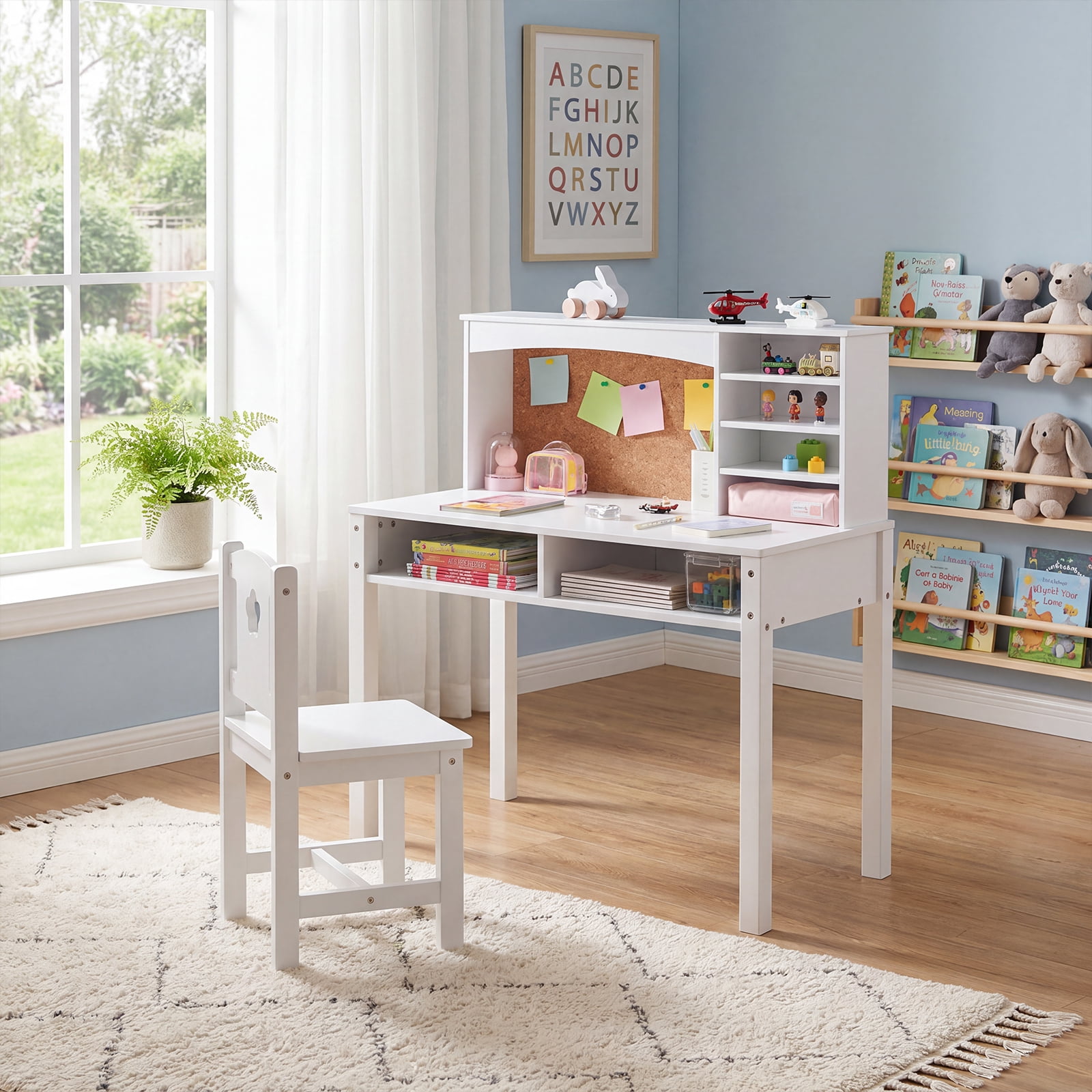 Furnibear Kids Desk and Chair Set with Hutch and Bulletin Board, Children Study Desk and Chair with Storage, Kids Writing Desk, White