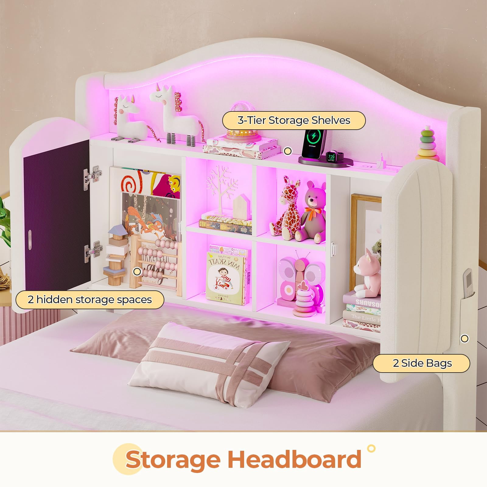 Twin Girl Bed with LED Lights & Charging Station,Platform Twin Size Princess Bed Frame, Upholstered Storage Headboard,No Box Spring Needed,Easy Assembly, Beige