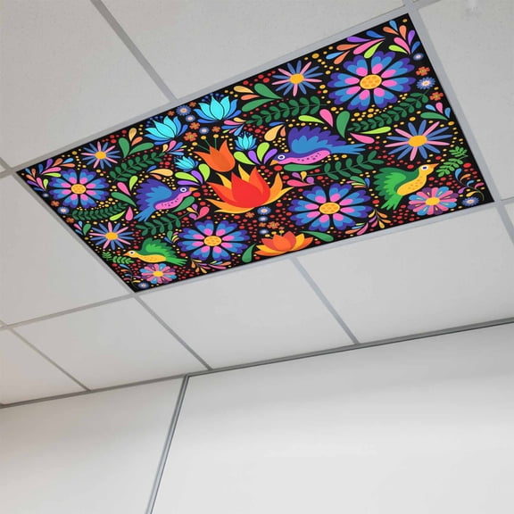 Fluorescent Light Covers for Ceiling Lights Classroom, Boho Mexican Texture Magnetic Ceiling Light Cover Filter for School,Office, 2X4 FT, Pack of 1, Abstract Floral Bird Multicolor