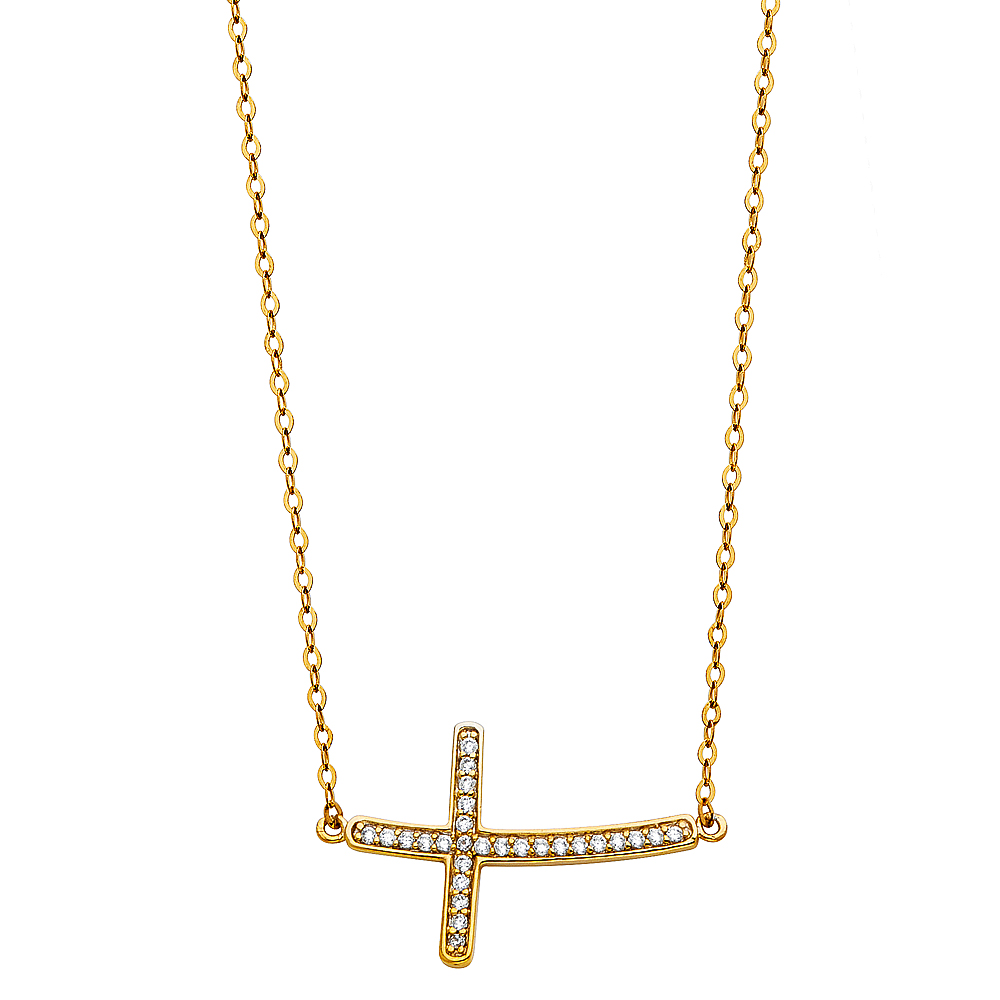 14K Gold Sideways Curved Cross Cute CZ Necklace
