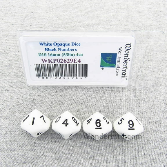 White Opaque Dice with Black Numbers D10 16mm (5/8in) Pack of 4 Wondertrail
