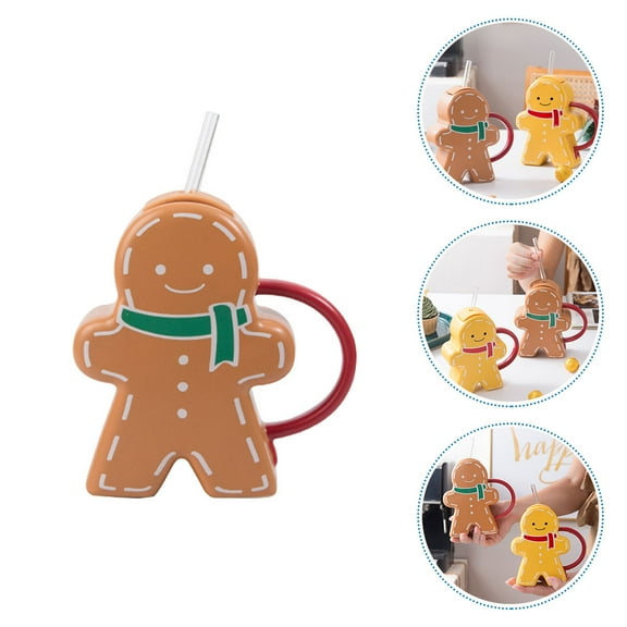 Huaq Holiday gift gingerbread man straw ceramic mug cup cute cartoon creative straw cup couple drinking cup (3417 beautiful cake man coffee color)