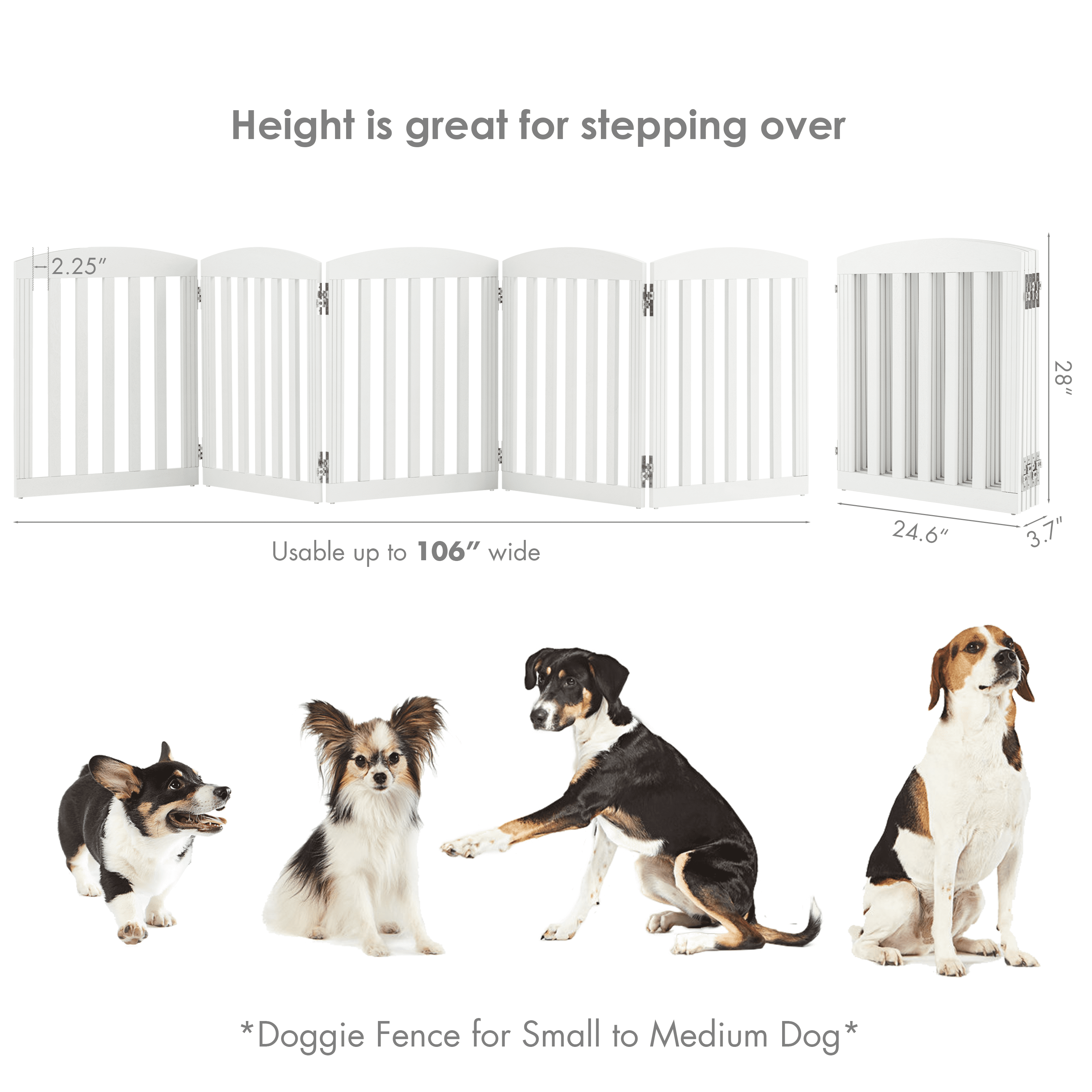 STAROUS 120" Extra Wide 28" Tall Foldable Dog Gates, Wooden Freestanding Pet Gate Indoor, Step Over Puppy Fence, 5 Panels, White