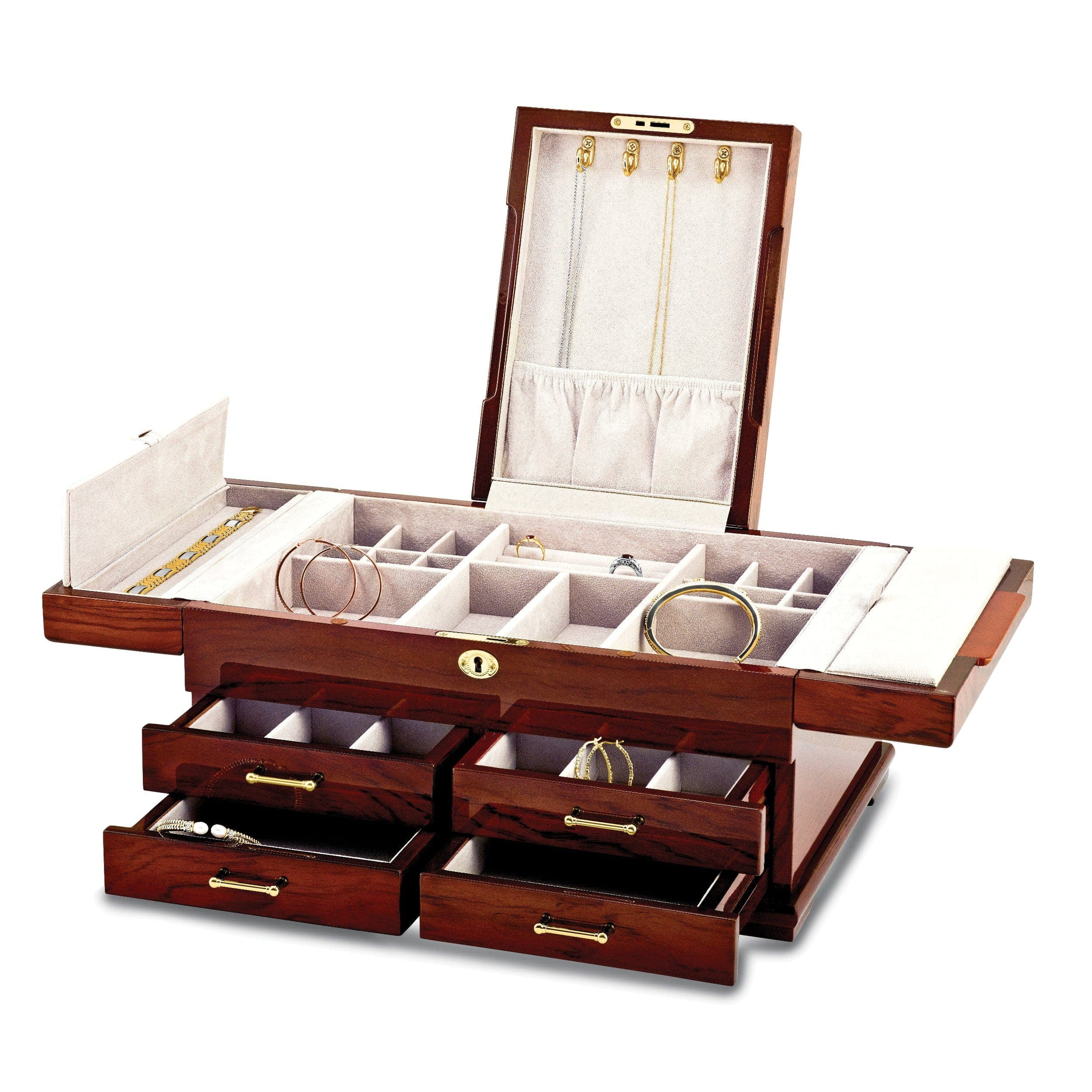 Luxury Giftware High Gloss Bubinga Veneer w/Mapa Burl and Scrolled Inlay Fold-out Top 4-drawer Locking Wooden Jewelry Box Q-JJB367