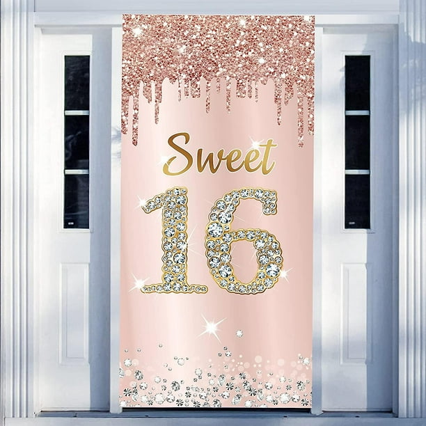 Banner para puerta de cumpleaños de 16 años, decoración de fondo para niñas, rosa, dorado, decoración para puerta de fiesta de 16 años, suministros para letreros, cumpleaños de 16 años