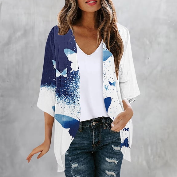 UVEASISHA Women's 3/4 Sleeve Kimono Cardigan Floral Print Open Front Sweaters Lightweight Casual Summer Outerwear for Office Multicolor S