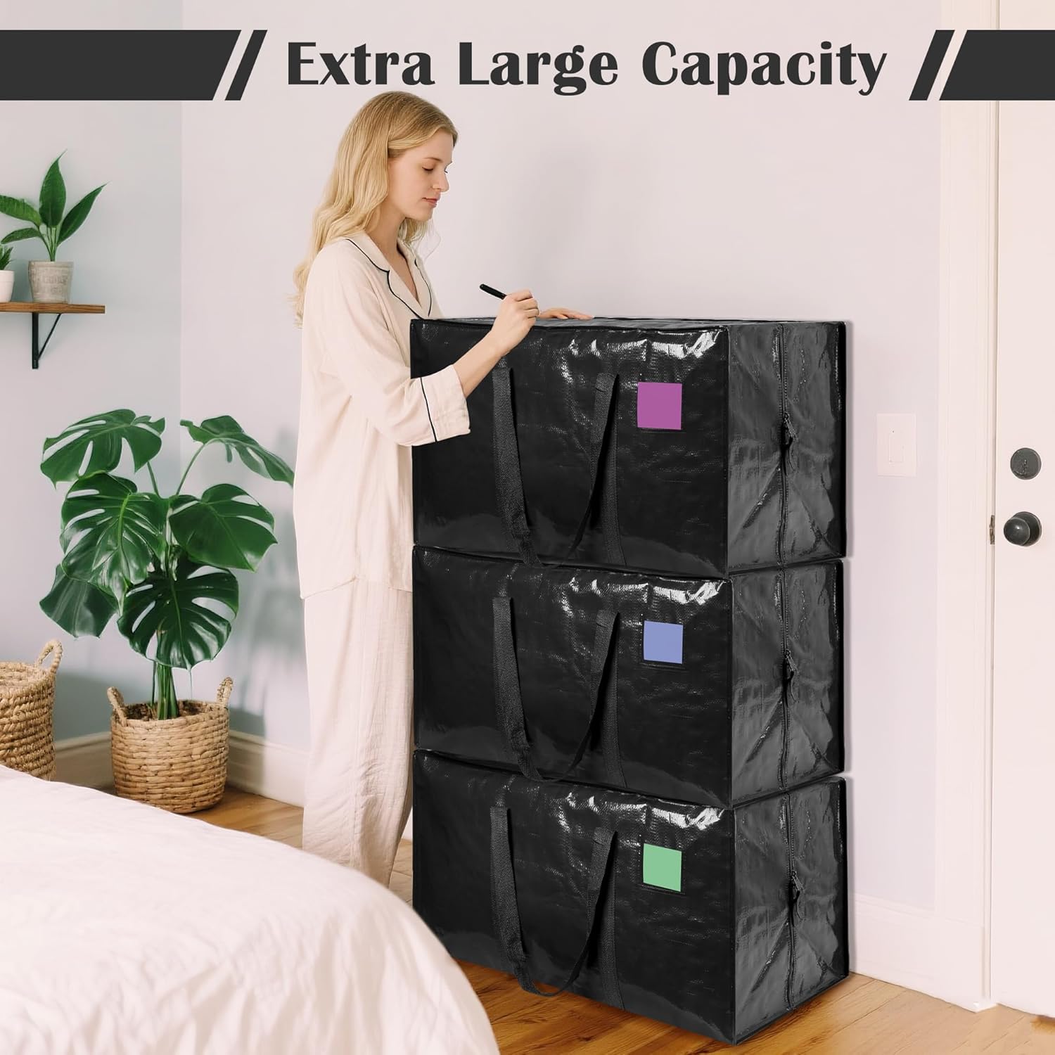 Extra Large Heavy Duty Moving Bags, 12 Pack with Reinforced Zipper & Wide Handles, Moisture-Resistant Storage Bins Packing Cubes for Clothes, College Dorm, Travel, and Home Organization, Dark Blue