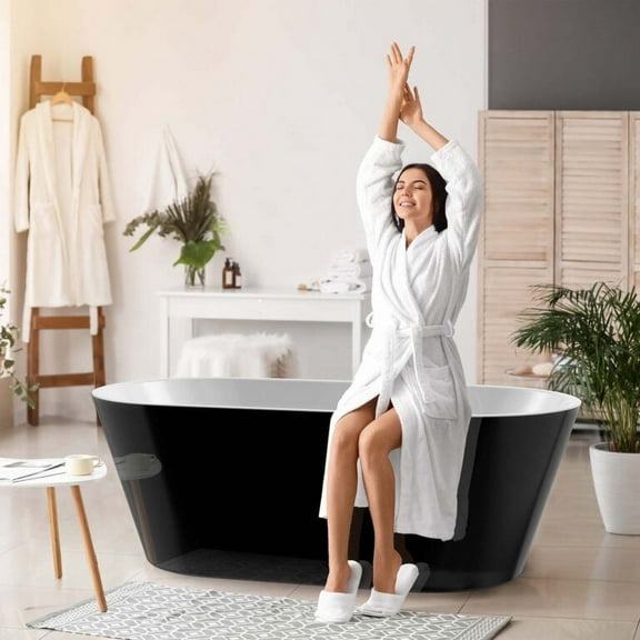 59" x 29.5" Oval Freestanding Soaking Flat Bottom Bathtub with Center Drain in Glossy Black