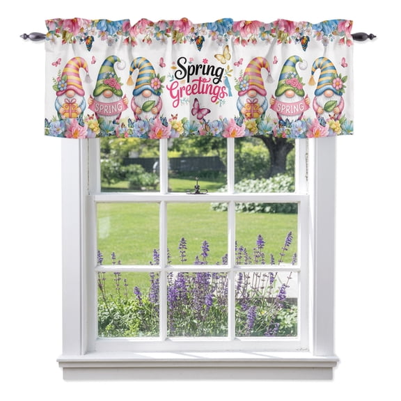 Spring Greetings Valances for Windows, Rustic Gnome Colored Floral Butterfly Valance Window Treatment Rod Pocket Short Curtains Valances for Kitchen Bathroom 42"W x 12"L