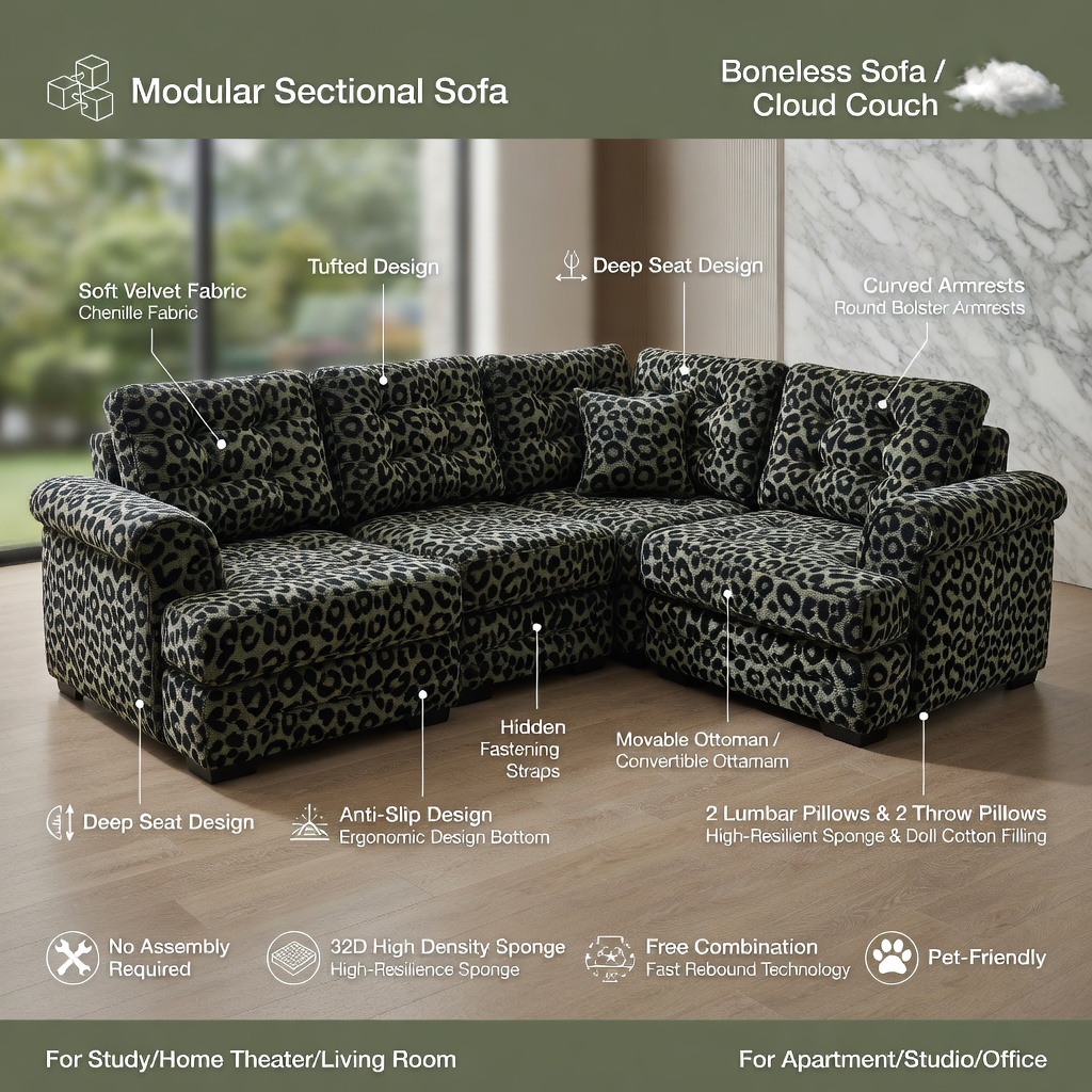 Hommoo 131" U-Shaped Chenille Leopard Print Sofa Set with Movable Ottomans, Tassel Trim & Ergonomic Deep Seat, Modern Living Room Sectional, Green Black