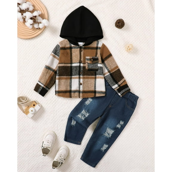 Toddler Baby Boys Clothes Outfits Kids Hoodie Flannel Shirts Set Plaid Hooded Tops  Jeans Pants Fall Winter 2-6T