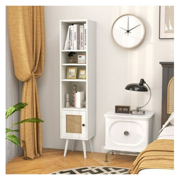 Rattan Storage Cabinet, 4 Tier Slim Floor Cabinet with Adjustable Shelves, Engineered Wood & Solid Wood Legs, Rattan Door, 54" Tall, for Living Room, Bedroom, Boho Decor - Natural/Black/White